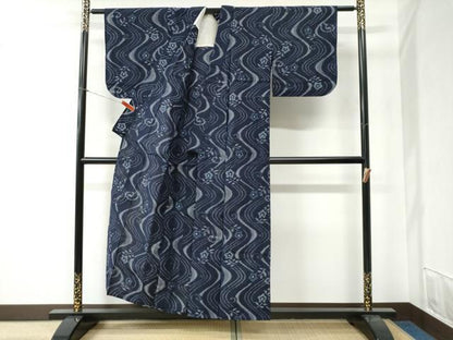 平和屋着物●久留米絣 単衣 立波草花文 綿 逸品 CABB4627yc