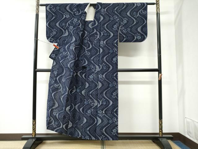 平和屋着物●久留米絣 単衣 立波草花文 綿 逸品 CABB4627yc