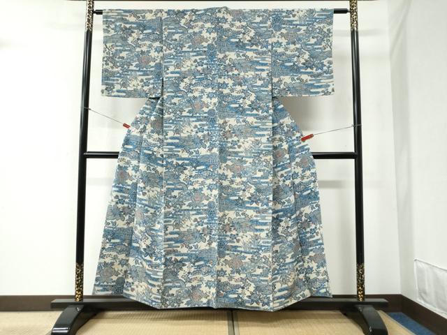 平和屋着物●上質な小紋 藍 型染め 竜田川籬草花文 正絹 逸品 CABB4634yc