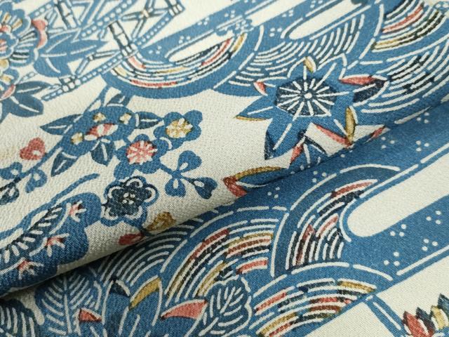 平和屋着物●上質な小紋 藍 型染め 竜田川籬草花文 正絹 逸品 CABB4634yc