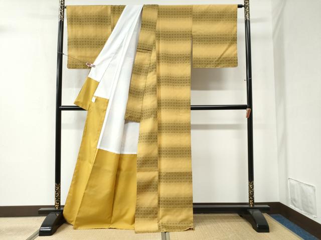 平和屋着物●小紋 花織 横段吉祥文 洗える着物 未使用 CABB4635yc