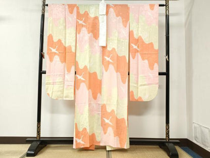 平和屋着物●振袖用長襦袢　無双仕立て　飛鶴花車地紋　高島屋扱い　正絹　逸品　CABB4642yc