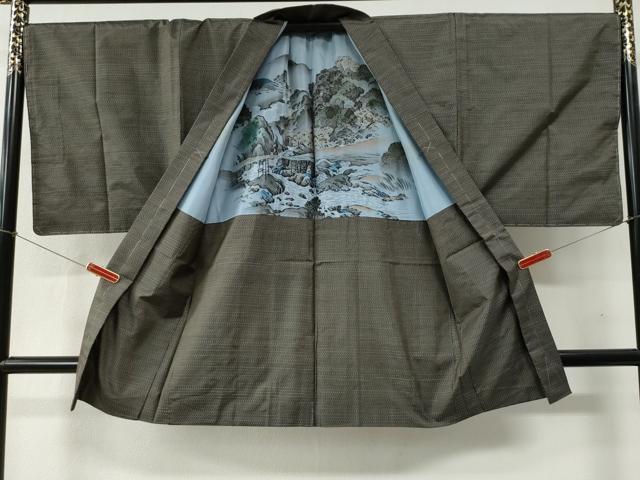 平和屋着物●男性　本場大島紬　アンサンブル・長襦袢セット　格子　正絹　逸品　未使用　CABB4664yc