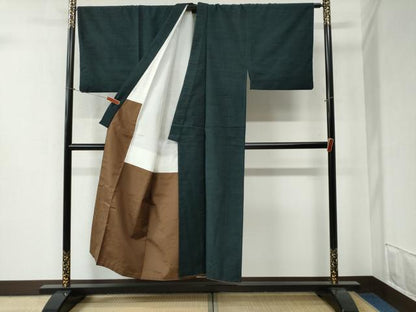平和屋着物●男性　紬　アンサンブル　色無地　濃紺地　正絹　逸品　CABB4668yc