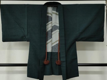 平和屋着物●男性　紬　アンサンブル　色無地　濃紺地　正絹　逸品　CABB4668yc