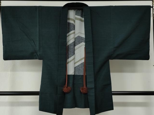 平和屋着物●男性　紬　アンサンブル　色無地　濃紺地　正絹　逸品　CABB4668yc