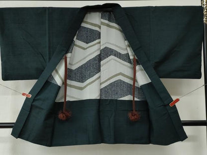 平和屋着物●男性　紬　アンサンブル　色無地　濃紺地　正絹　逸品　CABB4668yc