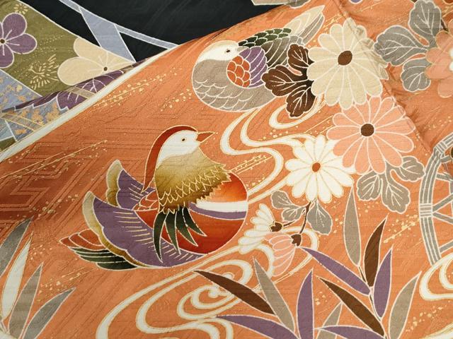 平和屋着物●豪華振袖 駒刺繍 扇面御所車鴛鴦牡丹花文 黒地 金彩 正絹 逸品 CABB4670yc