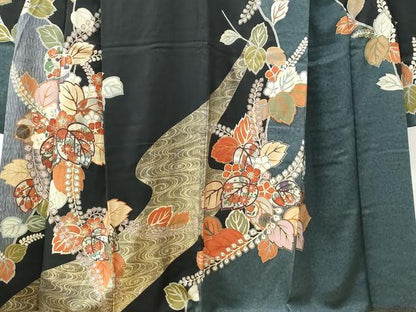 平和屋着物●豪華振袖　流水桐枝垂れ花文　黒地　金彩　正絹　逸品　CABB4672yc