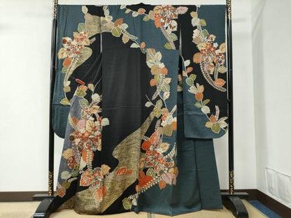 平和屋着物●豪華振袖　流水桐枝垂れ花文　黒地　金彩　正絹　逸品　CABB4672yc