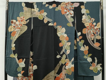 平和屋着物●豪華振袖　流水桐枝垂れ花文　黒地　金彩　正絹　逸品　CABB4672yc