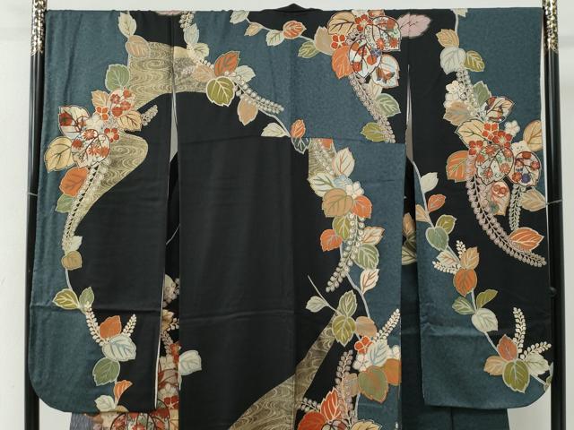 平和屋着物●豪華振袖　流水桐枝垂れ花文　黒地　金彩　正絹　逸品　CABB4672yc