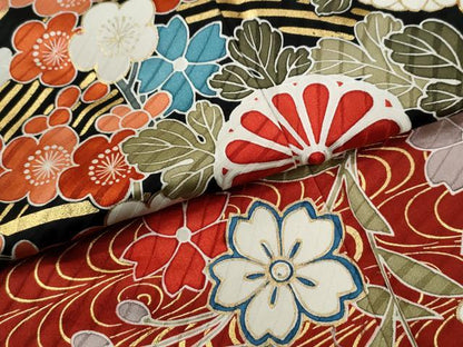 平和屋着物●豪華振袖　駒刺繍　雲取り流水枝垂れ花文　黒地　金彩　正絹　逸品　CABB4680yc