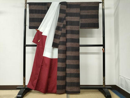 平和屋着物●上質な紬 杢目絞り 横段文 正絹 逸品 CABB4683yc