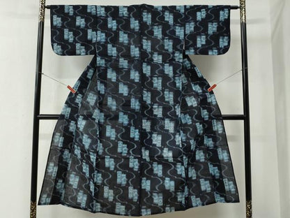 平和屋着物●久留米絣　単衣　よろけ縞吉祥文　綿　逸品　CABB4692yc