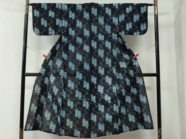 平和屋着物●久留米絣　単衣　よろけ縞吉祥文　綿　逸品　CABB4692yc