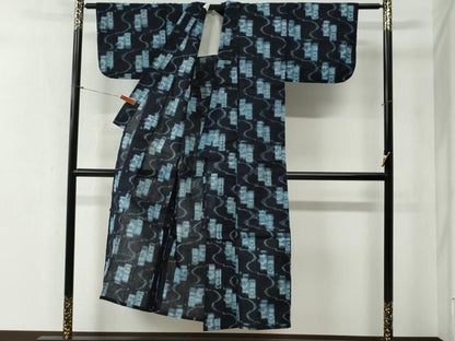 平和屋着物●久留米絣　単衣　よろけ縞吉祥文　綿　逸品　CABB4692yc