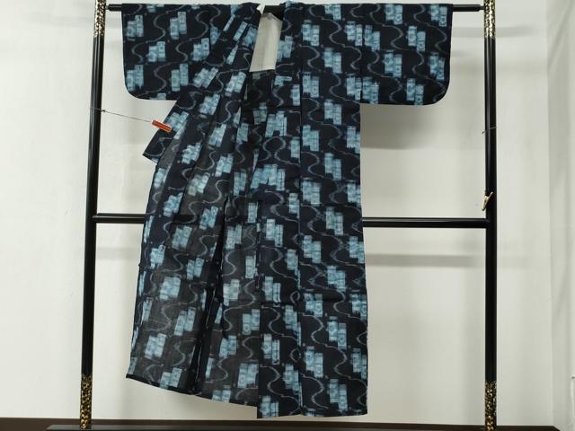 平和屋着物●久留米絣　単衣　よろけ縞吉祥文　綿　逸品　CABB4692yc