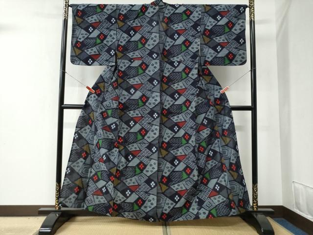 平和屋着物●久留米絣　単衣　切嵌吉祥花文　綿　逸品　未使用　CABB4693yc