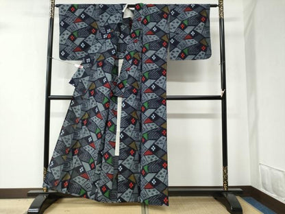 平和屋着物●久留米絣　単衣　切嵌吉祥花文　綿　逸品　未使用　CABB4693yc