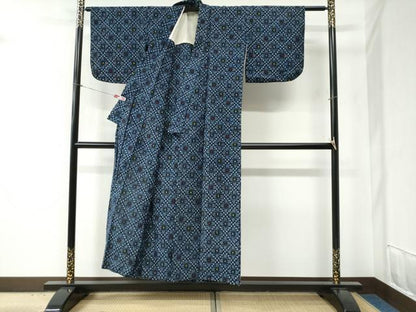 平和屋着物●久留米絣　単衣　花菱文　綿　逸品　CABB4694yc