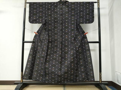 平和屋着物●久留米絣　単衣　菱繋ぎ吉祥文　綿　逸品　CABB4695yc