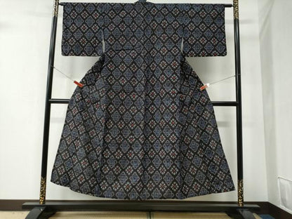 平和屋着物●久留米絣　単衣　菱吉祥文　綿　逸品　CABB4698yc