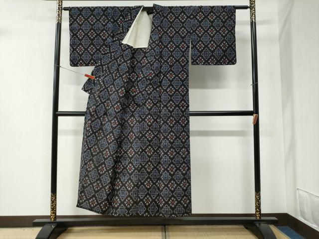 平和屋着物●久留米絣　単衣　菱吉祥文　綿　逸品　CABB4698yc