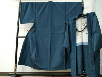平和屋着物●男性　紬　髭紬羽織セット　色無地　留紺色　正絹　逸品　未使用　CABB4704yc