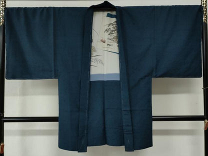 平和屋着物●男性　紬　髭紬羽織セット　色無地　留紺色　正絹　逸品　未使用　CABB4704yc
