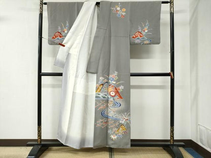 平和屋着物●訪問着　型染め　遠山竹垣流水草花文　暈し染め　正絹　逸品　CABB4705yc