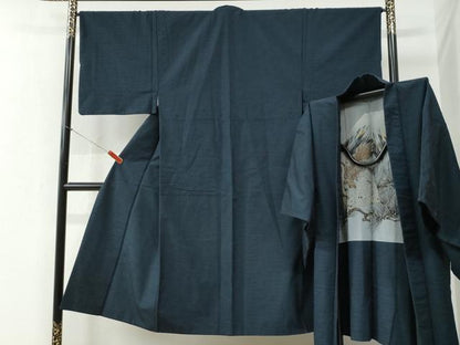 平和屋着物●男性 紬 アンサンブル 色無地 留紺色 正絹 逸品 CABB4714yc