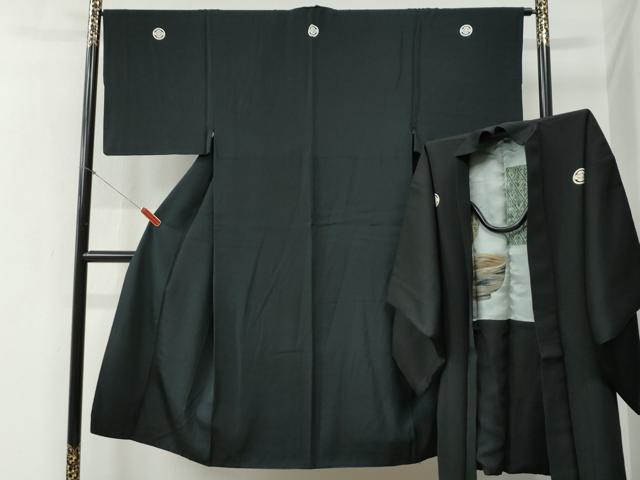 平和屋着物●男性 黒紋付 羽織セット 羽裏：仕覆陶器吉祥文 正絹 逸品 CABB4715yc