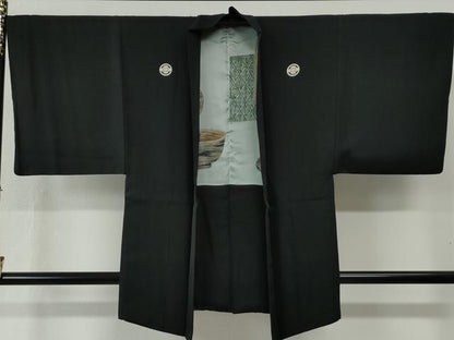 平和屋着物●男性 黒紋付 羽織セット 羽裏：仕覆陶器吉祥文 正絹 逸品 CABB4715yc