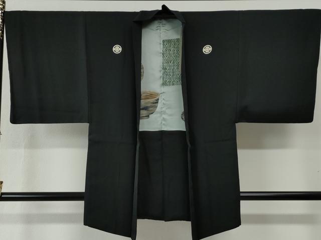 平和屋着物●男性 黒紋付 羽織セット 羽裏：仕覆陶器吉祥文 正絹 逸品 CABB4715yc