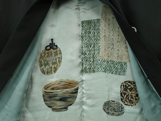 平和屋着物●男性 黒紋付 羽織セット 羽裏：仕覆陶器吉祥文 正絹 逸品 CABB4715yc