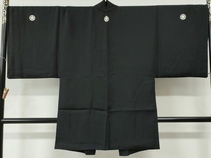 平和屋着物●男性　黒紋付　羽織セット　羽裏：虎・龍　正絹　逸品　CABB4716yc