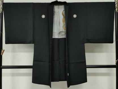 平和屋着物●男性　黒紋付　羽織セット　羽裏：虎・龍　正絹　逸品　CABB4716yc