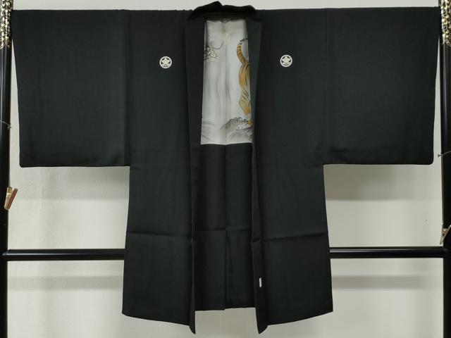 平和屋着物●男性　黒紋付　羽織セット　羽裏：虎・龍　正絹　逸品　CABB4716yc