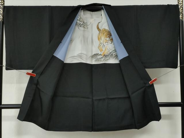 平和屋着物●男性　黒紋付　羽織セット　羽裏：虎・龍　正絹　逸品　CABB4716yc