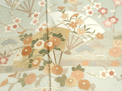 平和屋着物●訪問着 扇面網目草花文 暈し染め 金彩 正絹 逸品 CABB4718yc