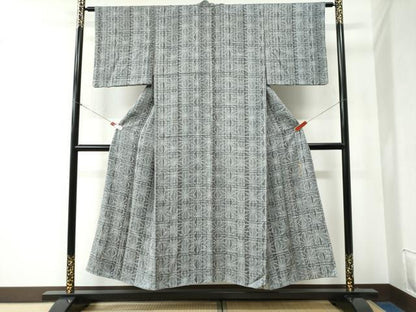 平和屋着物●上質な小紋 格子麻の葉文 正絹 逸品 CABB4719yc