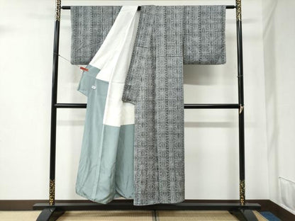 平和屋着物●上質な小紋 格子麻の葉文 正絹 逸品 CABB4719yc
