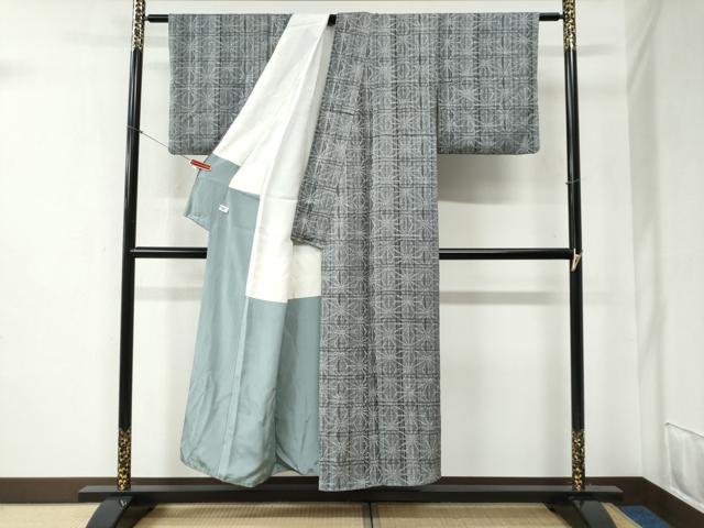 平和屋着物●上質な小紋 格子麻の葉文 正絹 逸品 CABB4719yc