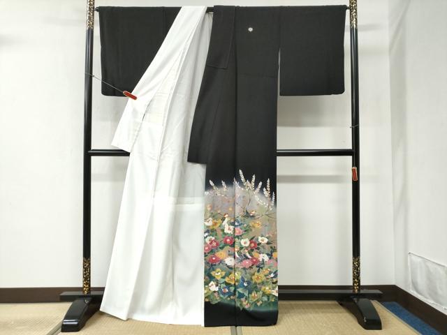 平和屋着物●豪華黒留袖　友禅　作家物　休み鳥枝花文　暈し染め　正絹　逸品　CABB4728yc
