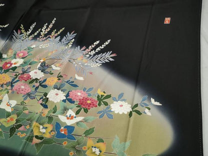 平和屋着物●豪華黒留袖　友禅　作家物　休み鳥枝花文　暈し染め　正絹　逸品　CABB4728yc