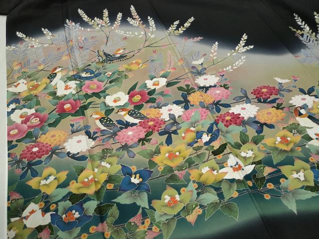 平和屋着物●豪華黒留袖　友禅　作家物　休み鳥枝花文　暈し染め　正絹　逸品　CABB4728yc