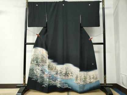 平和屋着物●十日町友禅作家 阿部佳雪 黒留袖 遠山樹林渡り橋風景文 暈し染め 正絹 逸品 CABB4733yc