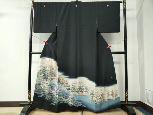 平和屋着物●十日町友禅作家 阿部佳雪 黒留袖 遠山樹林渡り橋風景文 暈し染め 正絹 逸品 CABB4733yc