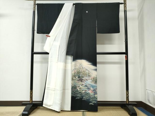 平和屋着物●十日町友禅作家 阿部佳雪 黒留袖 遠山樹林渡り橋風景文 暈し染め 正絹 逸品 CABB4733yc